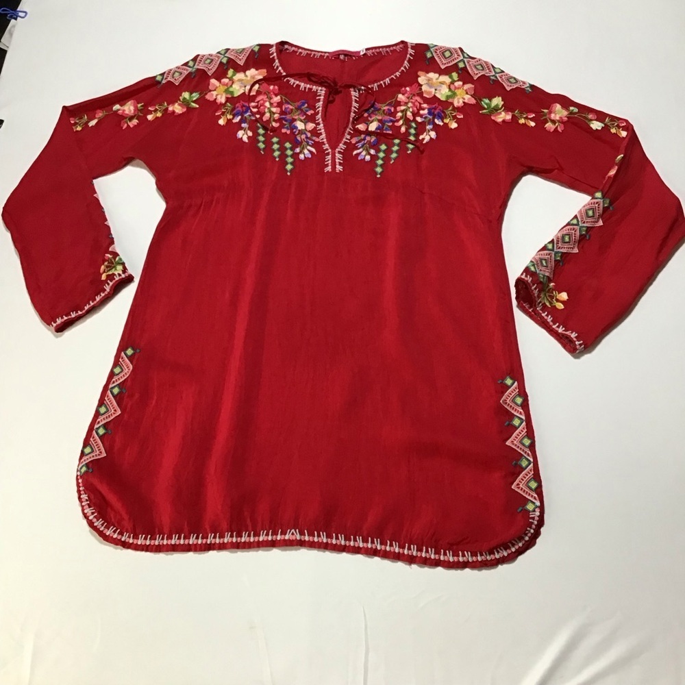 Johnny Was Vibrant Red Embroidered Long Sleeve Tunic - Picture 4 of 15